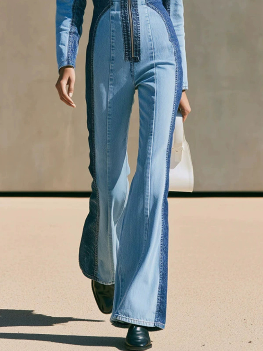 FOREVER 21Retro Casual Colorblock Long Sleeve Zipper Flared Jumpsuit